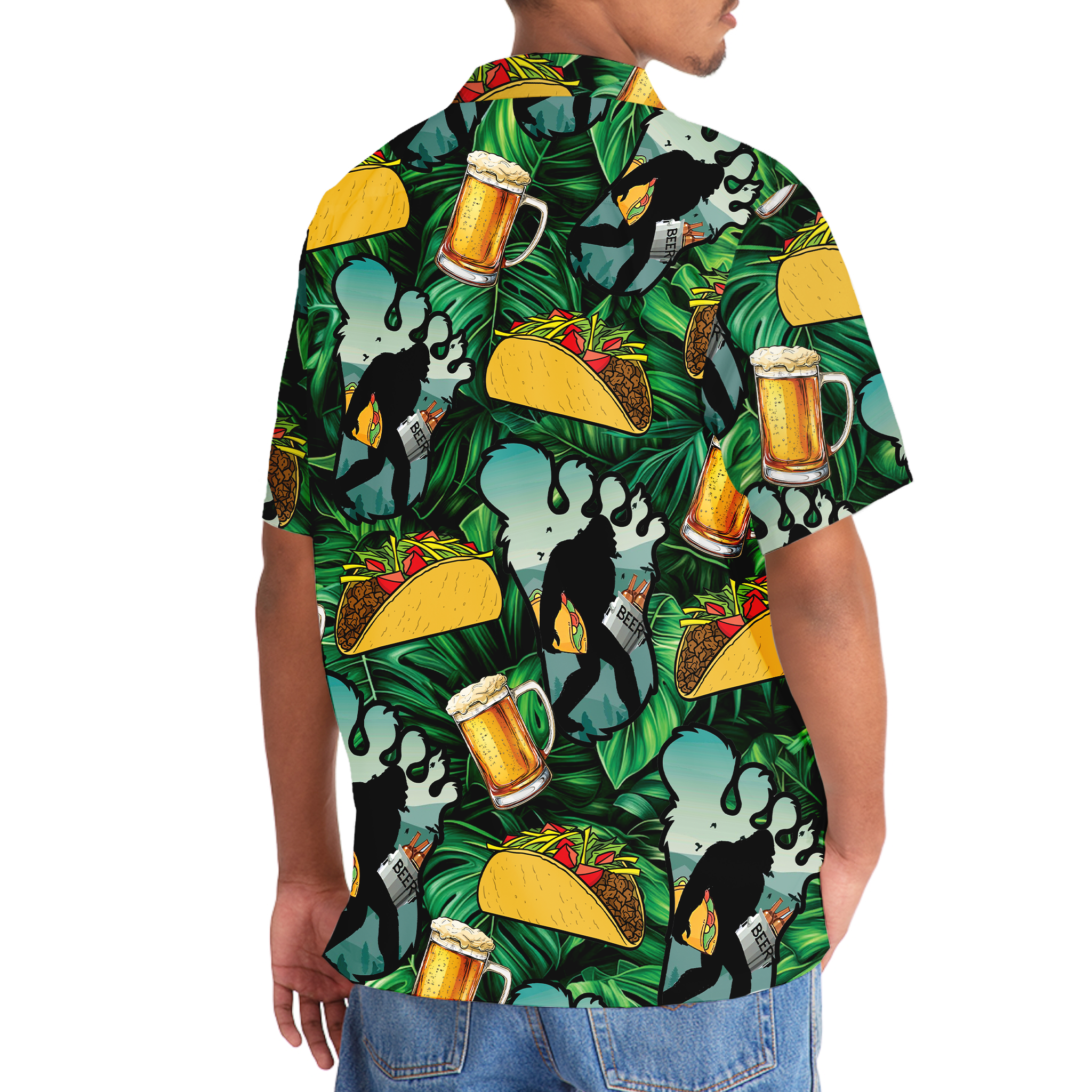 Funny Bigfoot Tacos & Beer Hawaiian Shirt Side view of the funny Bigfoot tacos & beer Hawaiian shirt displaying its relaxed fit and fun, festive design pattern.