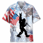 Front view of the Bigfoot USA Hawaiian shirt featuring vibrant patriotic designs and a bold Bigfoot silhouette.