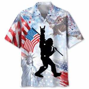 Front view of the Bigfoot USA Hawaiian shirt featuring vibrant patriotic designs and a bold Bigfoot silhouette.
