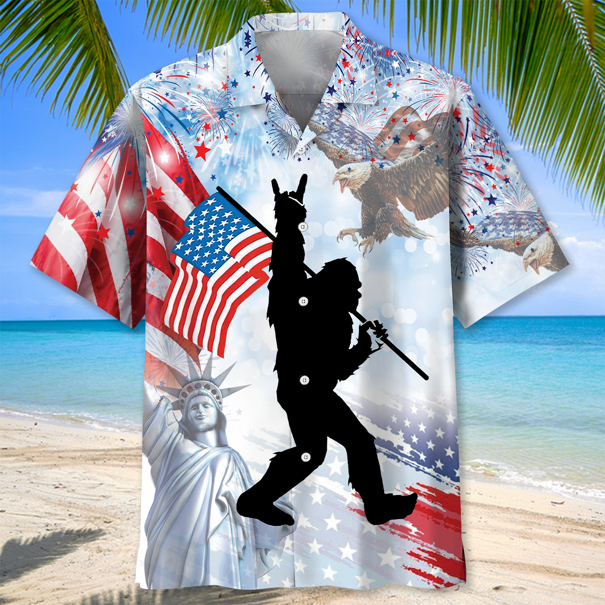 Bigfoot USA Hawaiian Shirt Back view of the Bigfoot USA Hawaiian shirt showcasing its colorful fireworks and eagle graphics in detail.