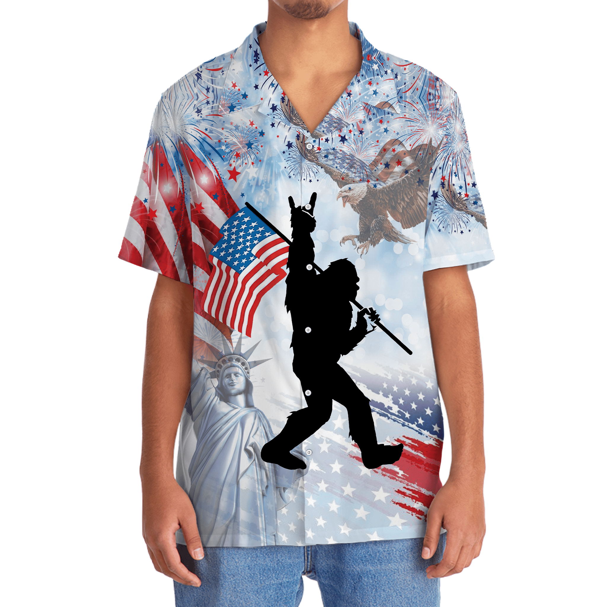 Bigfoot USA Hawaiian Shirt Side view of the Bigfoot USA Hawaiian shirt, displaying the unique cut and vivid designs perfect for casual wear.