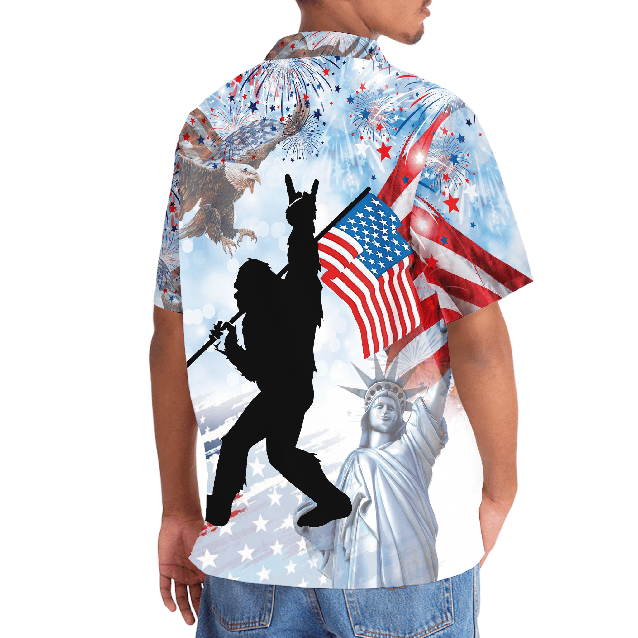 Bigfoot USA Hawaiian Shirt Flat lay of the Bigfoot USA Hawaiian shirt with accessories, emphasizing its fun and festive spirit for summer outings.