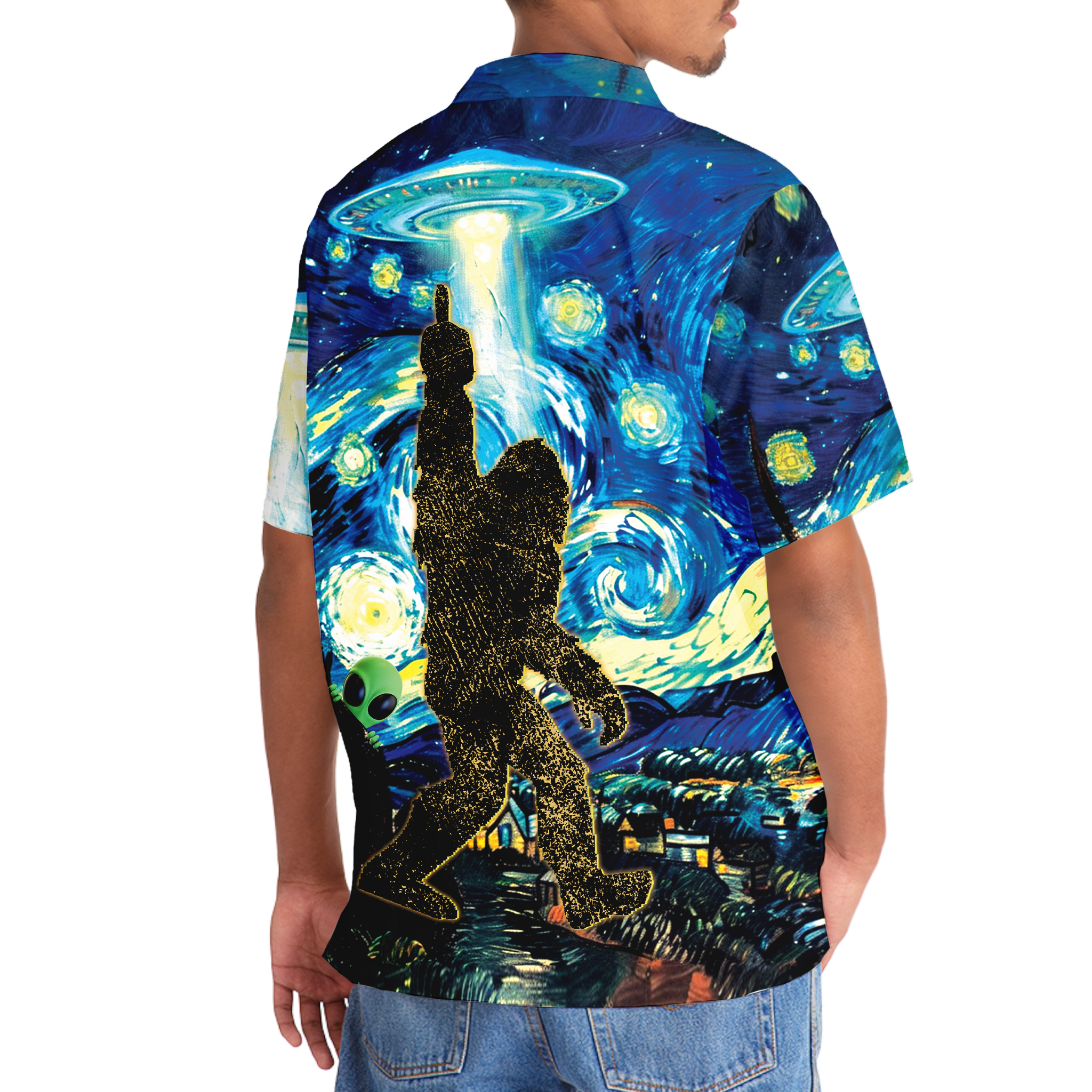 Alien Stalk Bigfoot in a Starry Night Hawaiian Shirt Alien Stalk Bigfoot in a Starry Night Hawaiian Shirt - Image 5
