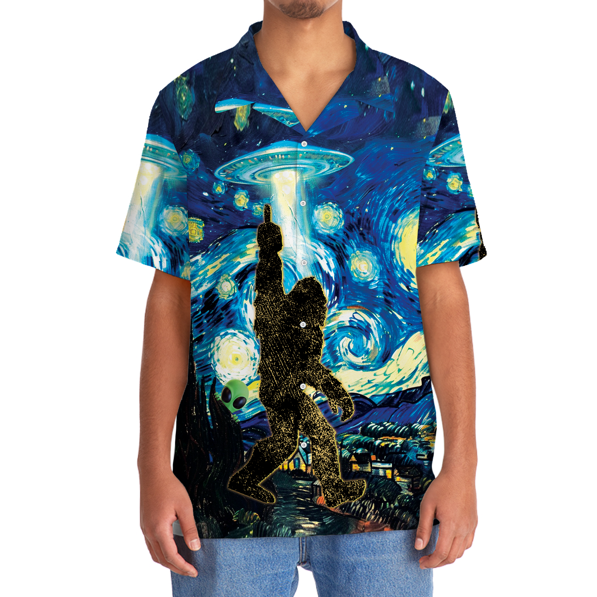 Alien Stalk Bigfoot in a Starry Night Hawaiian Shirt Alien Stalk Bigfoot in a Starry Night Hawaiian Shirt - Image 6