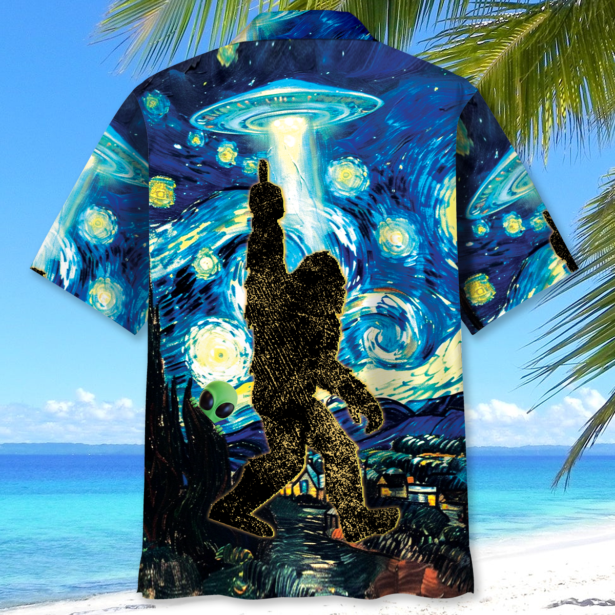 Alien Stalk Bigfoot in a Starry Night Hawaiian Shirt Alien Stalk Bigfoot in a Starry Night Hawaiian Shirt - Image 4