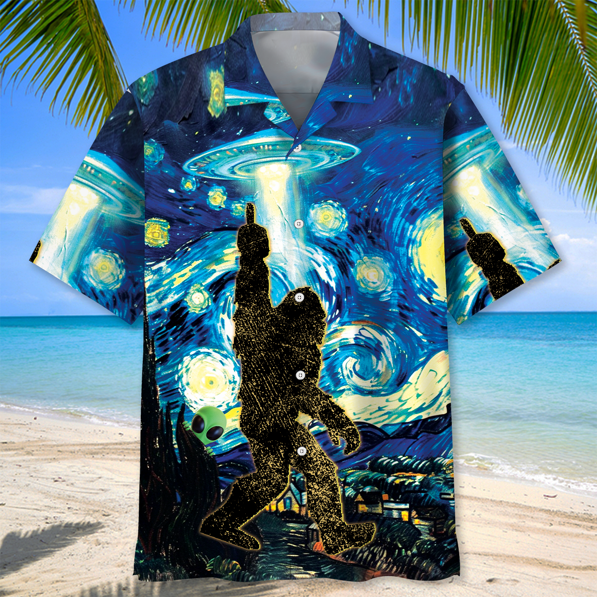 Alien Stalk Bigfoot in a Starry Night Hawaiian Shirt Alien Stalk Bigfoot in a Starry Night Hawaiian Shirt - Image 2