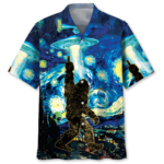 Alien Stalk Bigfoot in a Starry Night Hawaiian Shirt