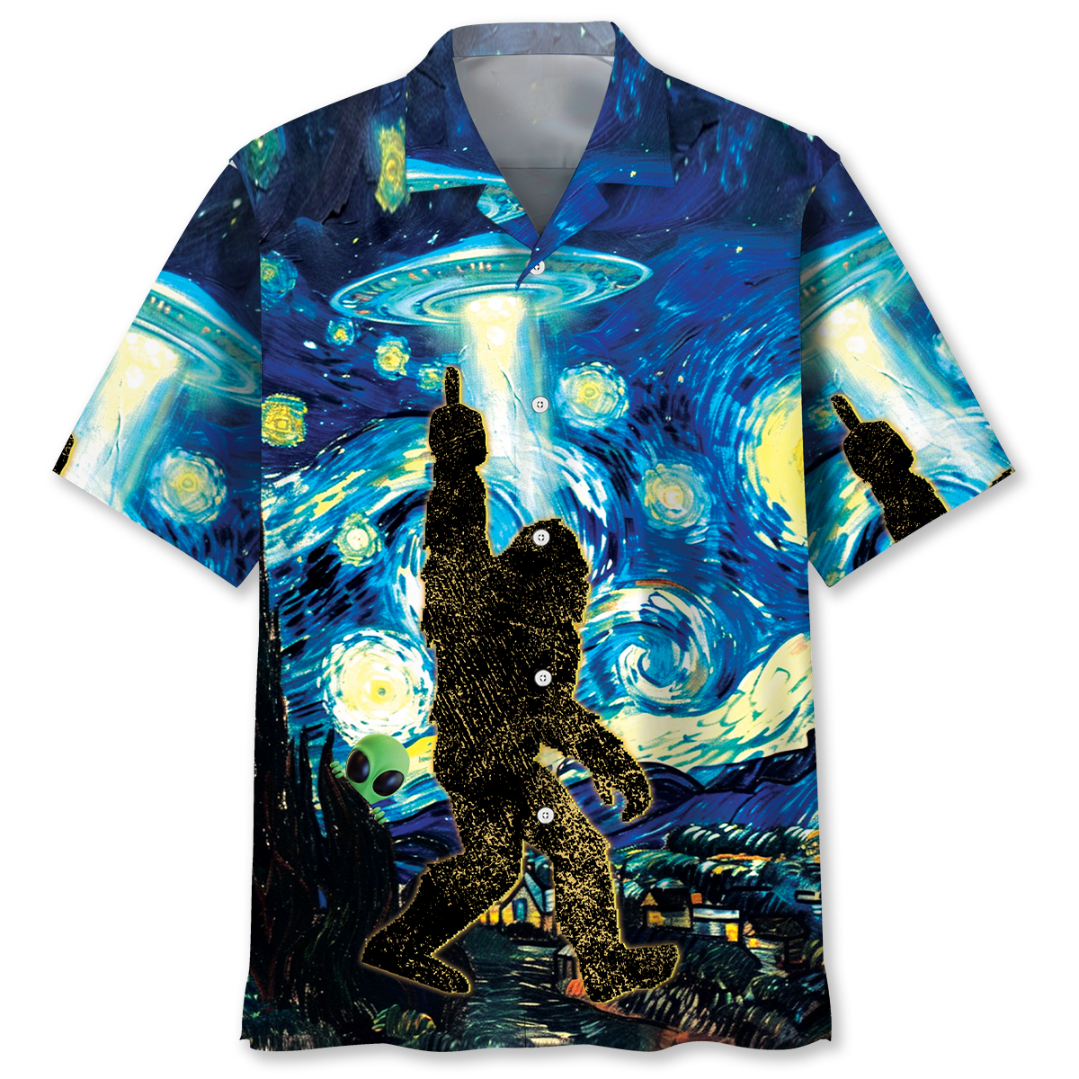 Alien Stalk Bigfoot in a Starry Night Hawaiian Shirt Alien Stalk Bigfoot in a Starry Night Hawaiian Shirt
