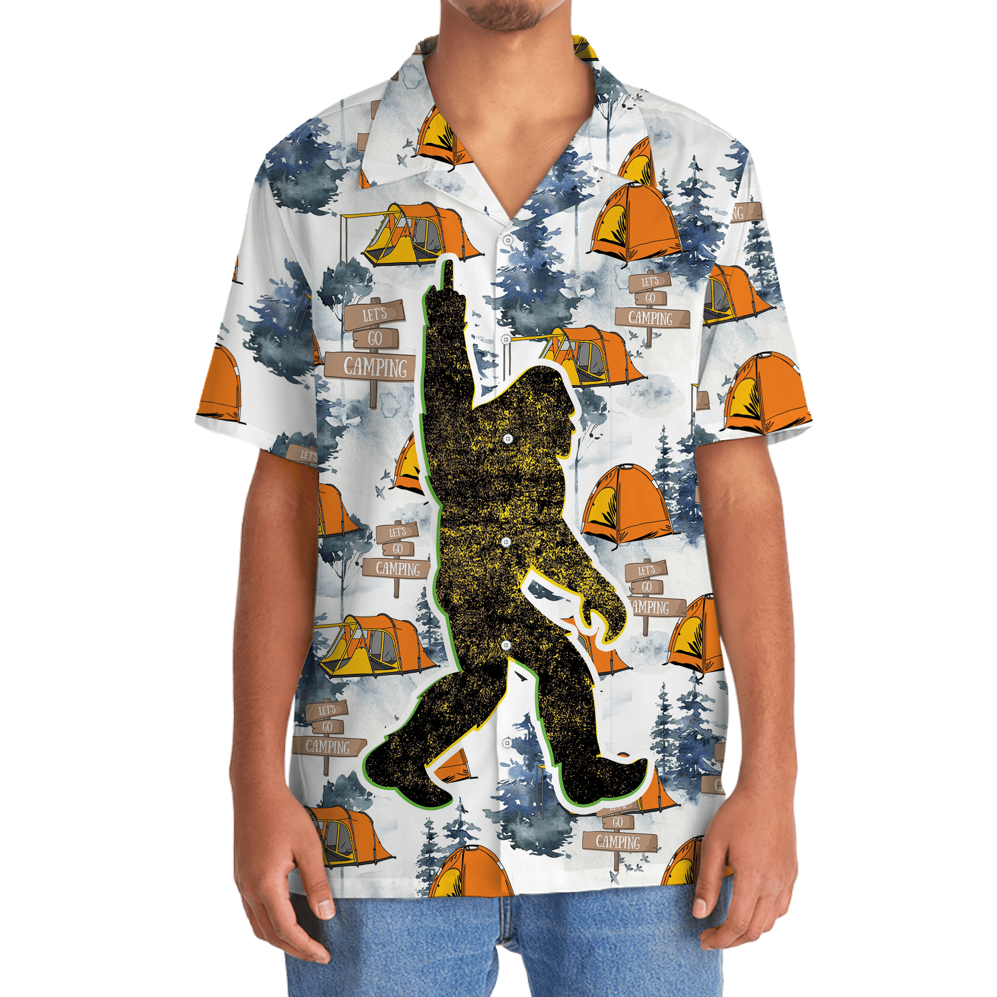 Let's Go Camping Bigfoot Hawaiian Shirt Side angle of the Let's Go Camping Bigfoot Hawaiian shirt displaying the bright colors and playful camping graphics.