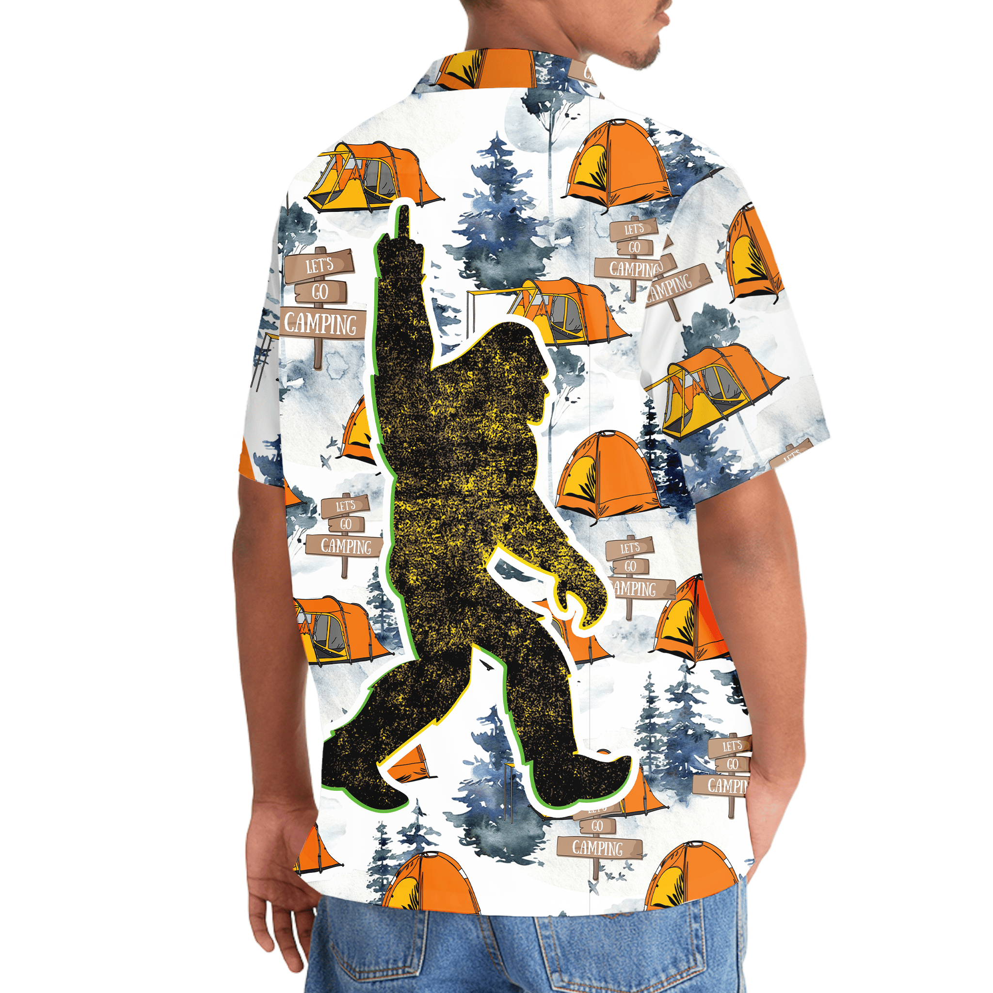 Let's Go Camping Bigfoot Hawaiian Shirt Flat lay of the Let's Go Camping Bigfoot Hawaiian shirt with outdoor accessories, emphasizing its fun design.