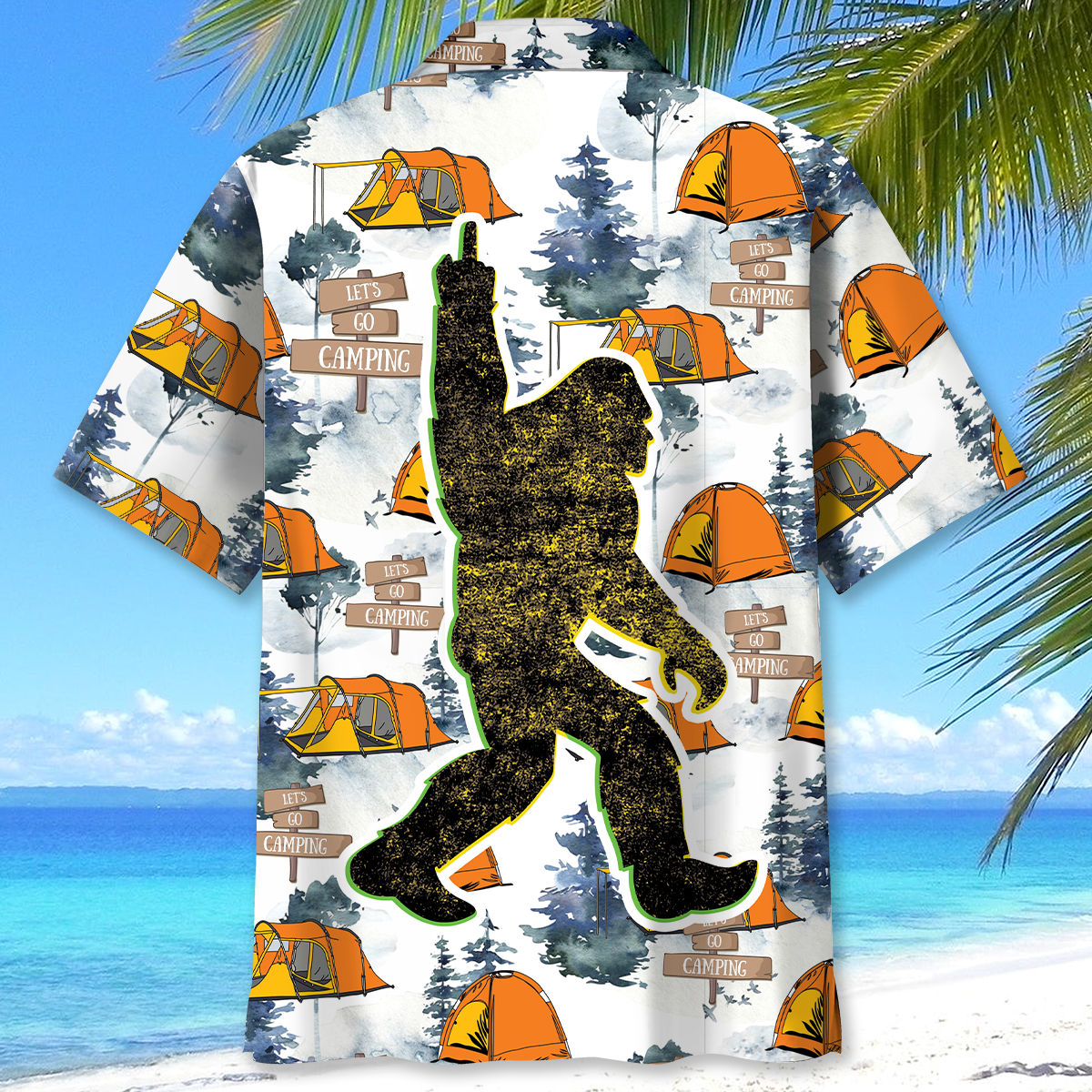 Let's Go Camping Bigfoot Hawaiian Shirt Lifestyle shot of the Let's Go Camping Bigfoot Hawaiian shirt worn during a summer camping trip in nature.