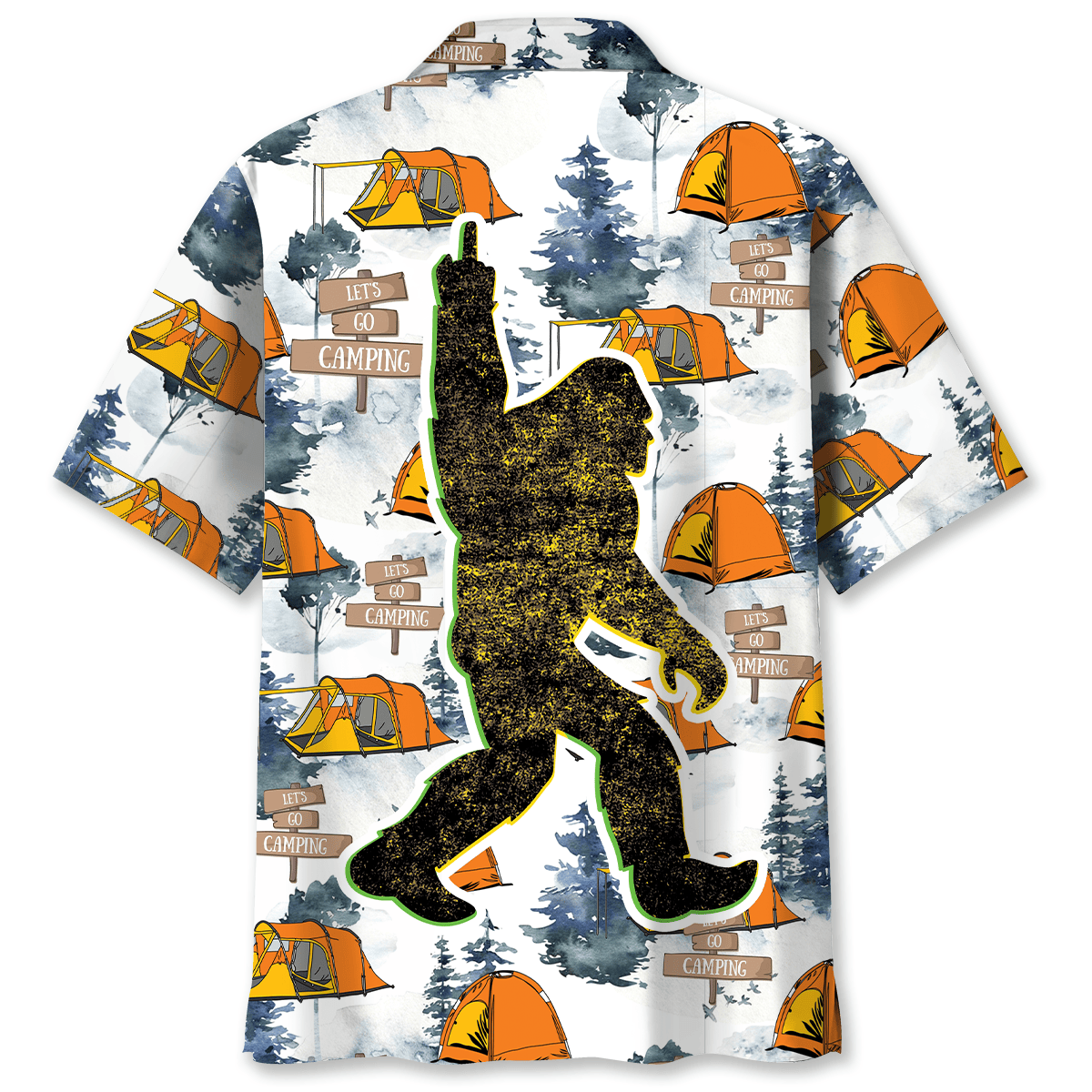 Let's Go Camping Bigfoot Hawaiian Shirt Close-up of the Let's Go Camping Bigfoot Hawaiian shirt highlighting the unique Bigfoot silhouette and details.