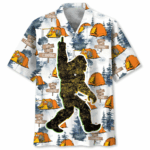 Front view of the Let's Go Camping Bigfoot Hawaiian shirt featuring vibrant tents and forest designs.