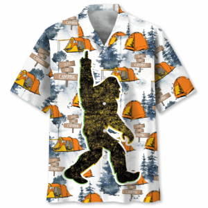 Front view of the Let's Go Camping Bigfoot Hawaiian shirt featuring vibrant tents and forest designs.