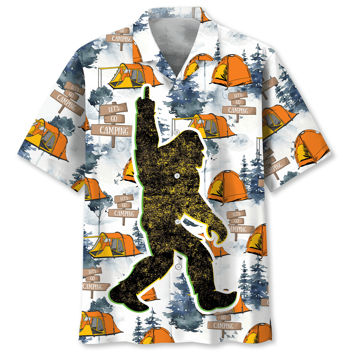 Let's Go Camping Bigfoot Hawaiian Shirt Front view of the Let's Go Camping Bigfoot Hawaiian shirt featuring vibrant tents and forest designs.