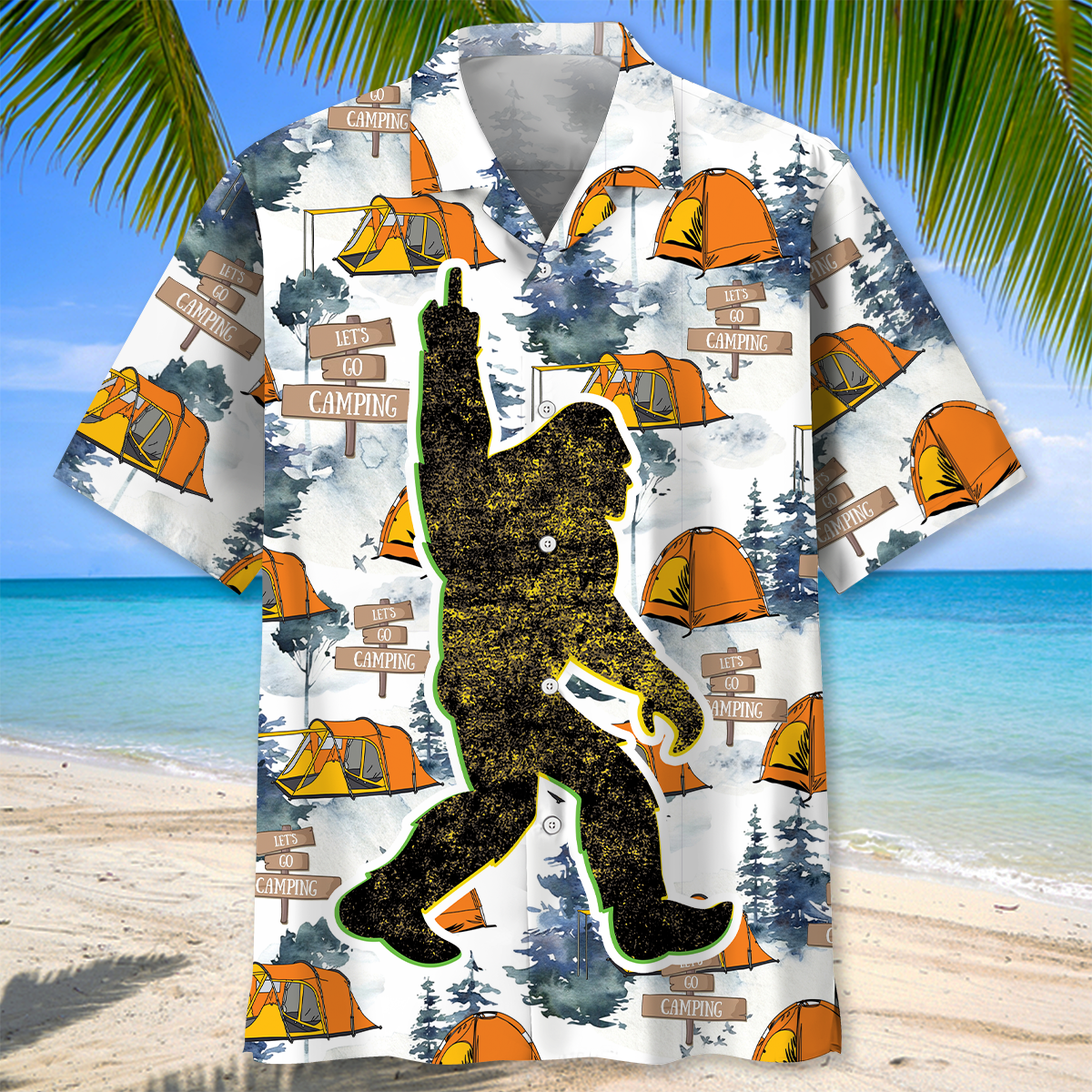 Let's Go Camping Bigfoot Hawaiian Shirt Back view showcasing the colorful Let's Go Camping Bigfoot Hawaiian shirt with a fun camping theme.