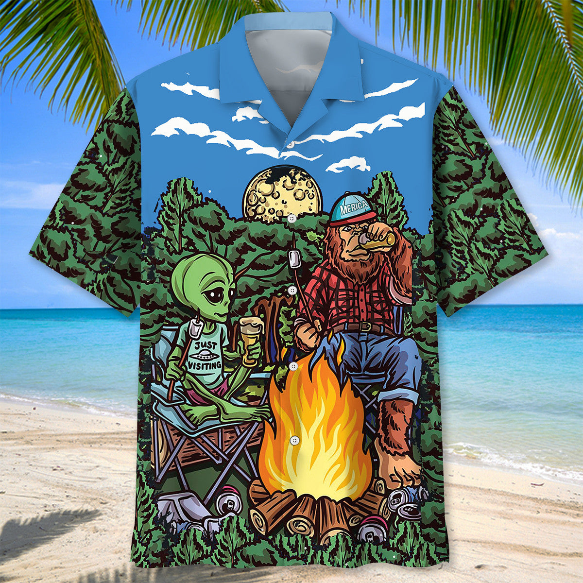 Alien Bigfoot Campfire Night Hawaiian Shirt Alien Bigfoot Campfire Night Hawaiian Shirt - Image 2