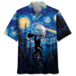 Front view of the Bigfoot Guitar Starry Night Hawaiian shirt featuring vibrant blue and yellow artwork.