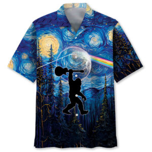 Front view of the Bigfoot Guitar Starry Night Hawaiian shirt featuring vibrant blue and yellow artwork.