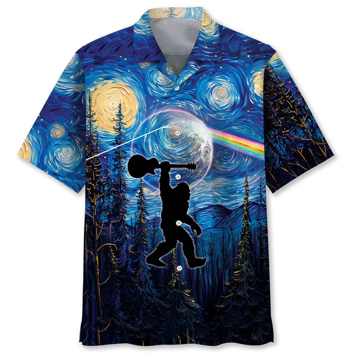 Bigfoot Guitar Starry Night Hawaiian Shirt Front view of the Bigfoot Guitar Starry Night Hawaiian shirt featuring vibrant blue and yellow artwork.