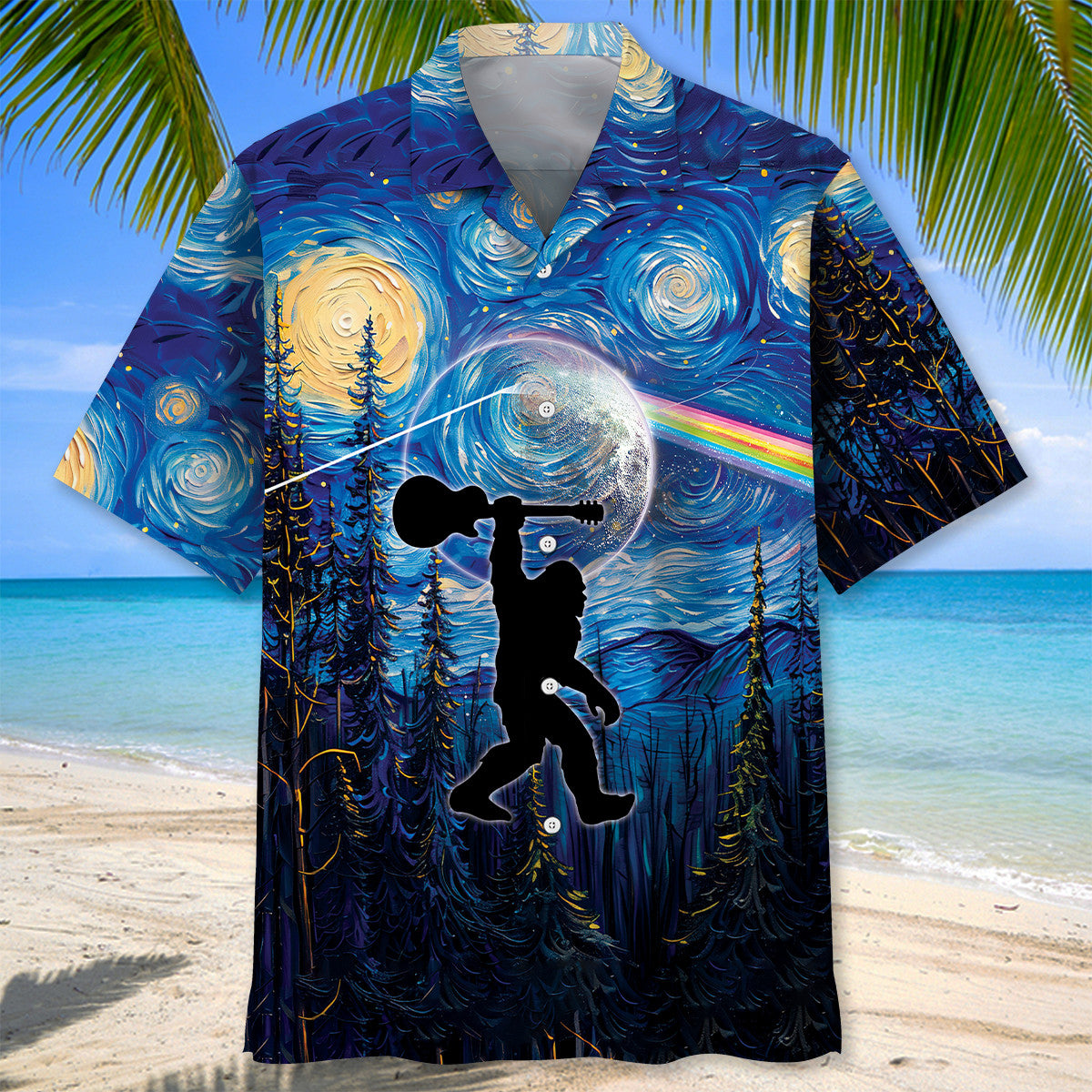 Bigfoot Guitar Starry Night Hawaiian Shirt Back view showing the full design of the Bigfoot Guitar Starry Night Hawaiian shirt with colorful starry sky.