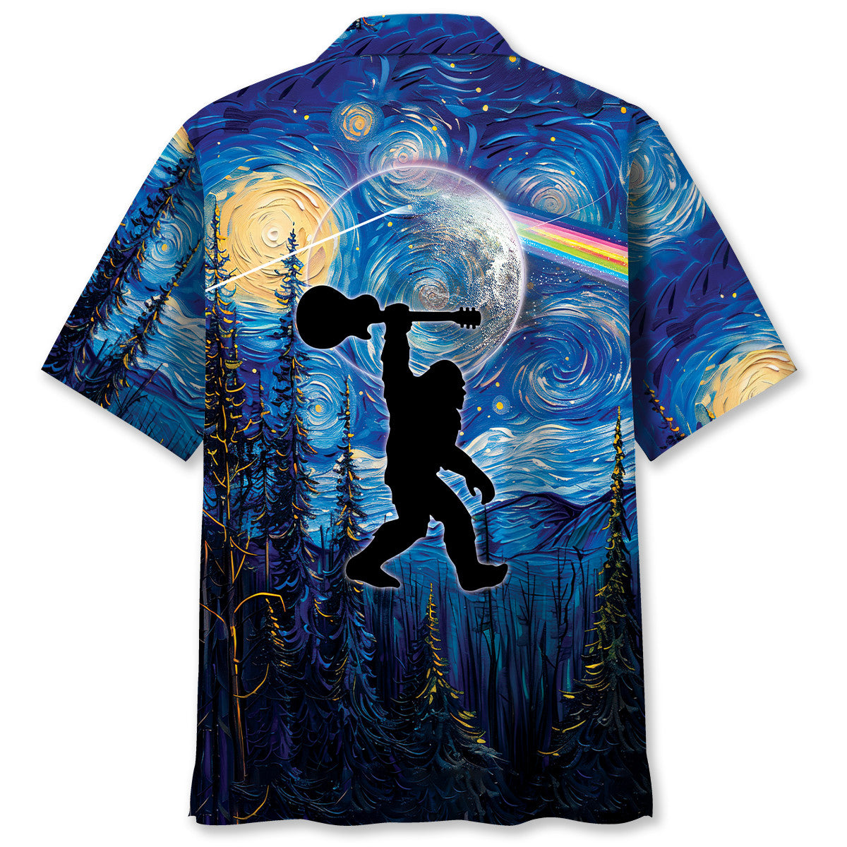 Bigfoot Guitar Starry Night Hawaiian Shirt Lifestyle shot of a person wearing the Bigfoot Guitar Starry Night Hawaiian shirt at a beach party, showcasing its casual sty