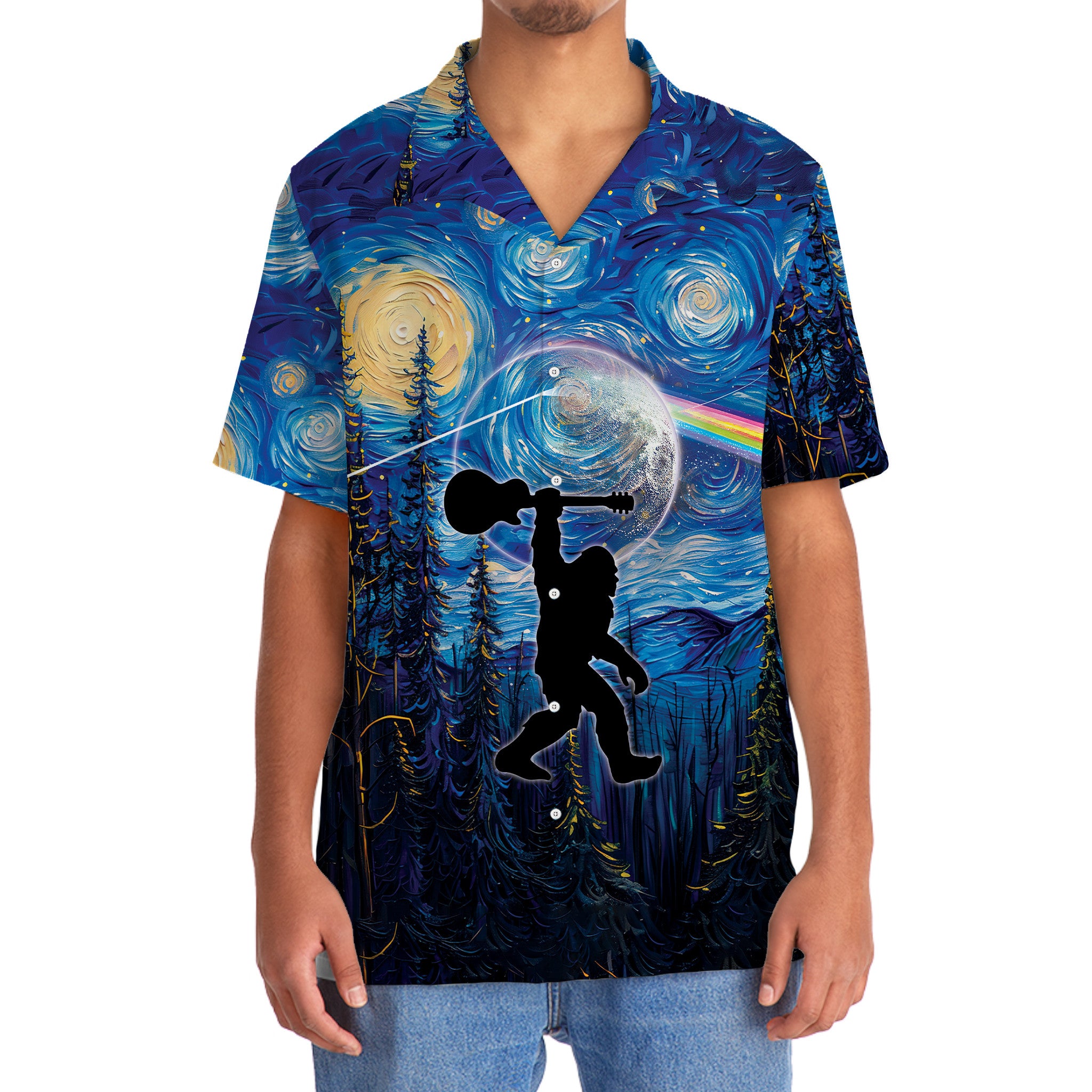 Bigfoot Guitar Starry Night Hawaiian Shirt Side view of the Bigfoot Guitar Starry Night Hawaiian shirt, emphasizing the unique silhouette of Bigfoot with a guitar.