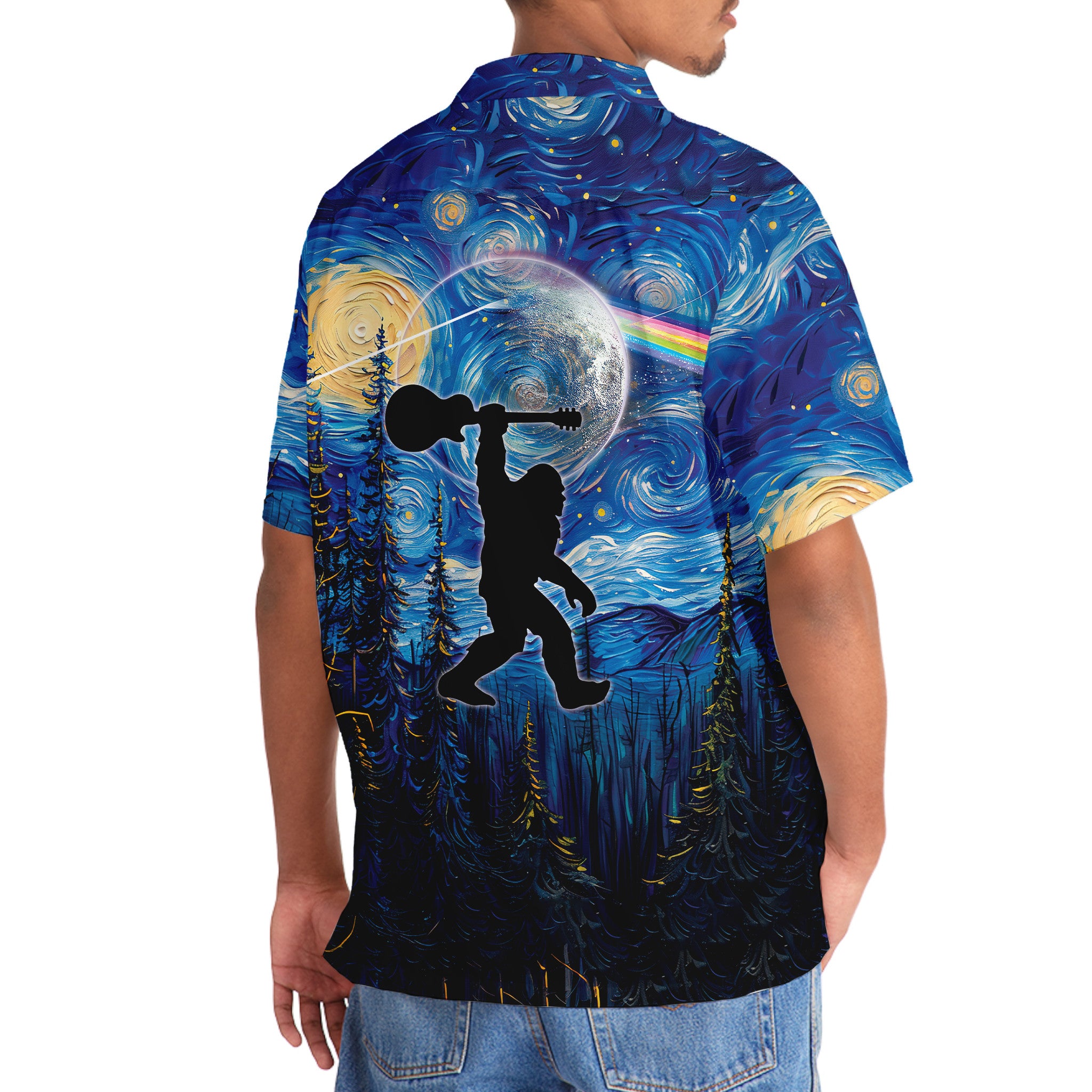 Bigfoot Guitar Starry Night Hawaiian Shirt Flat lay of the Bigfoot Guitar Starry Night Hawaiian shirt, displaying the bold colors and artistic design details.