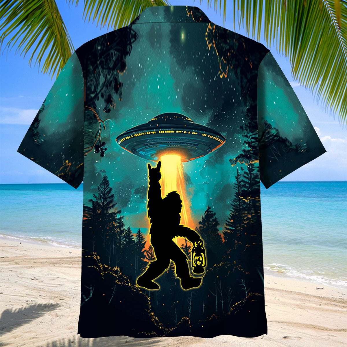 Bigfoot Alien Camping Night Hawaiian Shirt Lifestyle shot of a person wearing the bigfoot alien camping night Hawaiian shirt at a campsite, surrounded by nature.