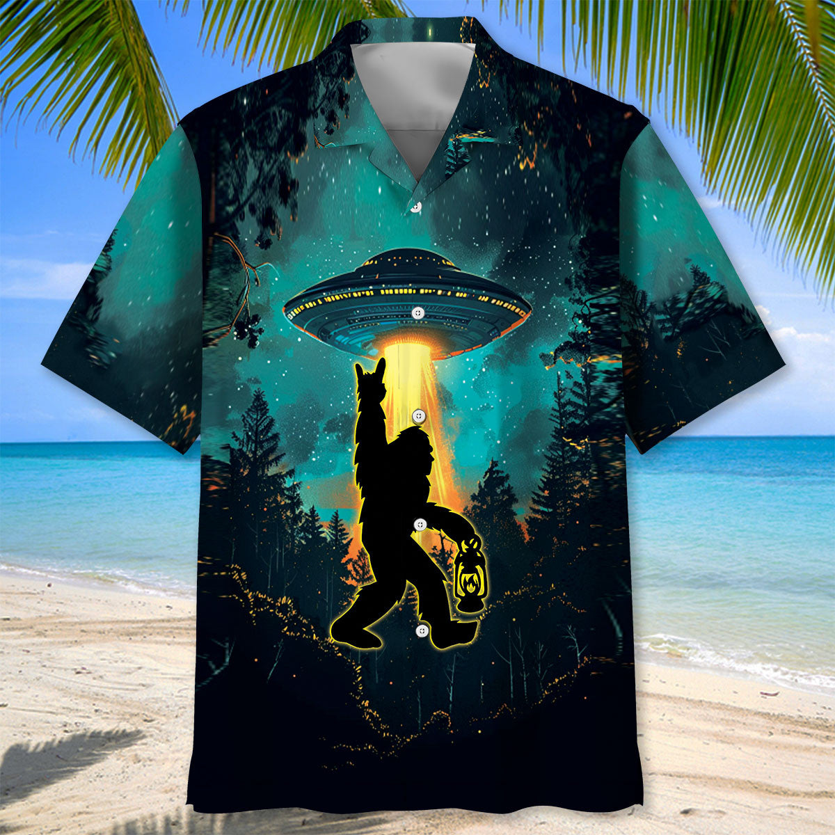 Bigfoot Alien Camping Night Hawaiian Shirt Back view of the bigfoot alien camping night Hawaiian shirt showcasing vibrant colors and detailed alien artwork.