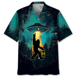 Front view of the bigfoot alien camping night Hawaiian shirt featuring a colorful design with a UFO and Bigfoot.