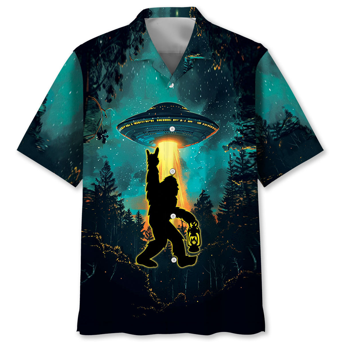 Bigfoot Alien Camping Night Hawaiian Shirt Front view of the bigfoot alien camping night Hawaiian shirt featuring a colorful design with a UFO and Bigfoot.