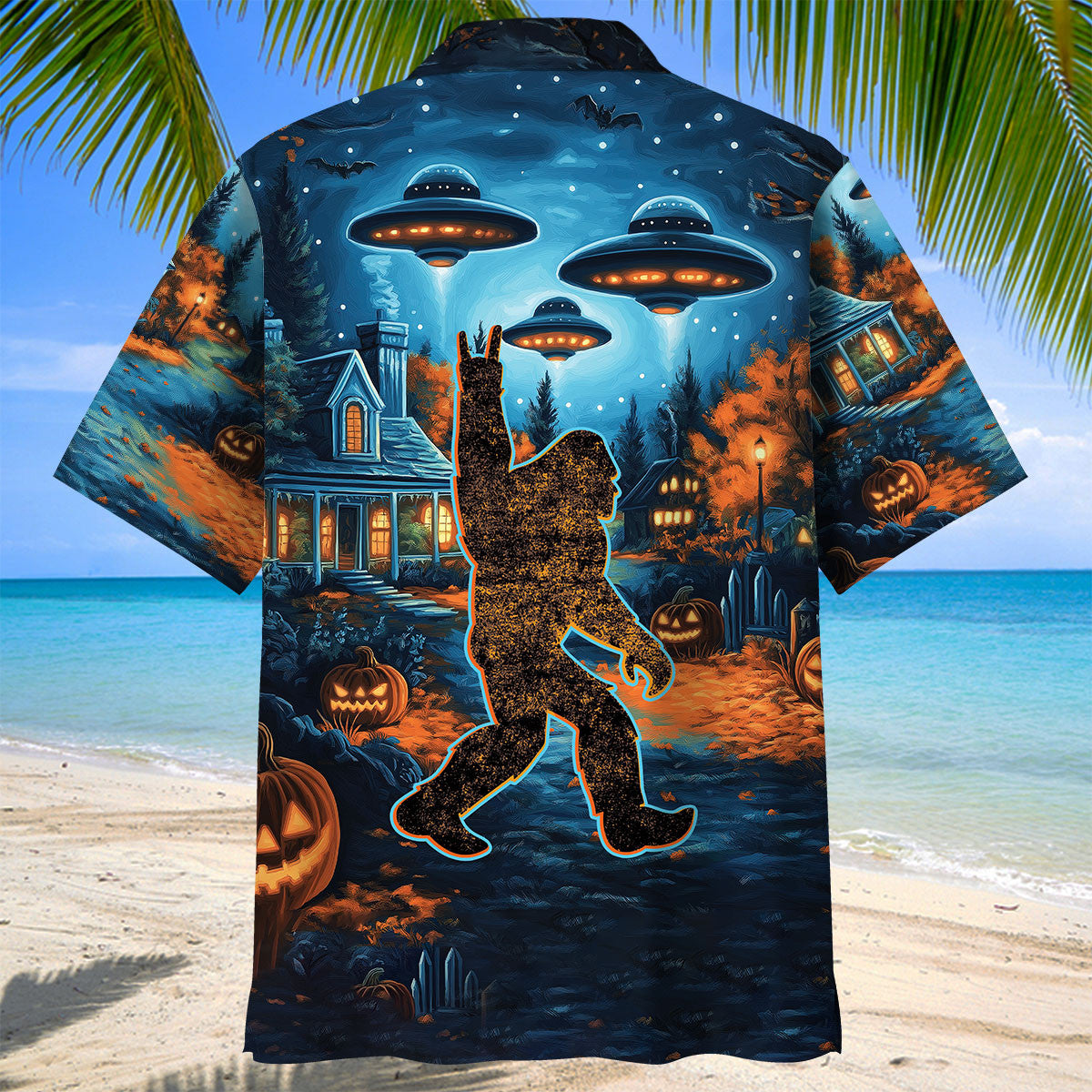 Bigfoot Chill the Halloween Night Hawaiian Shirt Back view showcasing the full print of the Bigfoot Chill the Halloween Night Hawaiian shirt with UFOs and pumpkins.