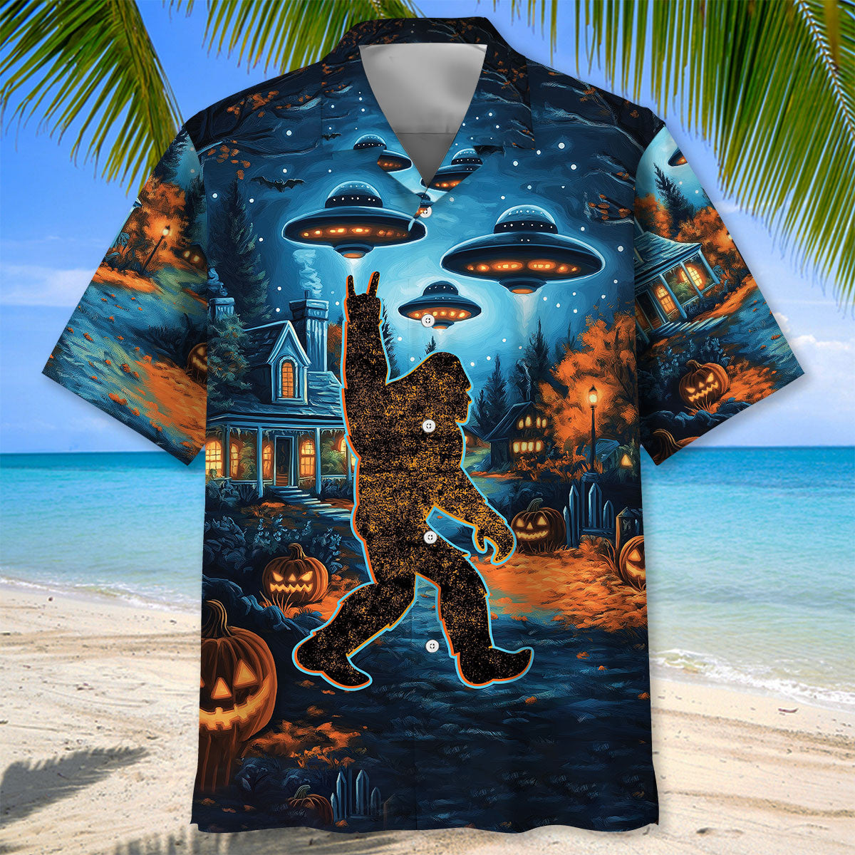 Bigfoot Chill the Halloween Night Hawaiian Shirt Lifestyle image of a person wearing the Bigfoot Chill the Halloween Night Hawaiian shirt at a Halloween party, enjoying the f