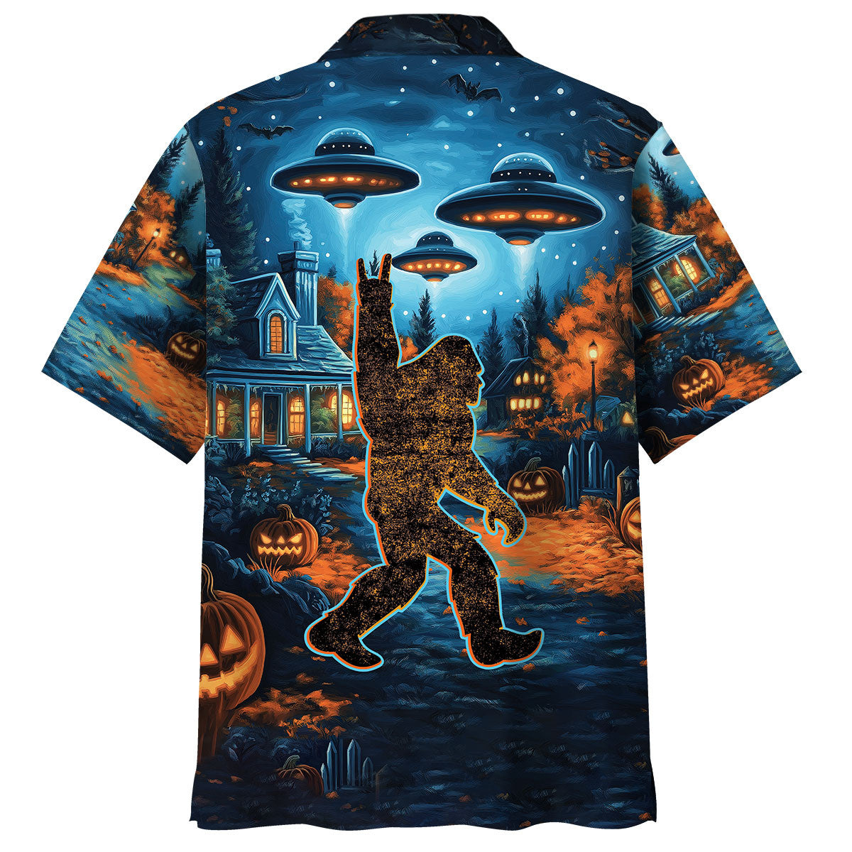 Bigfoot Chill the Halloween Night Hawaiian Shirt Detail shot highlighting the intricate design elements of the Bigfoot Chill the Halloween Night Hawaiian shirt's artwork.