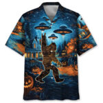 Front view of the Bigfoot Chill the Halloween Night Hawaiian shirt featuring vibrant colors and spooky designs.