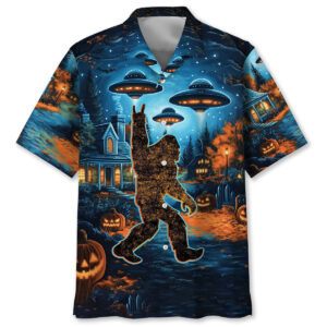 Front view of the Bigfoot Chill the Halloween Night Hawaiian shirt featuring vibrant colors and spooky designs.
