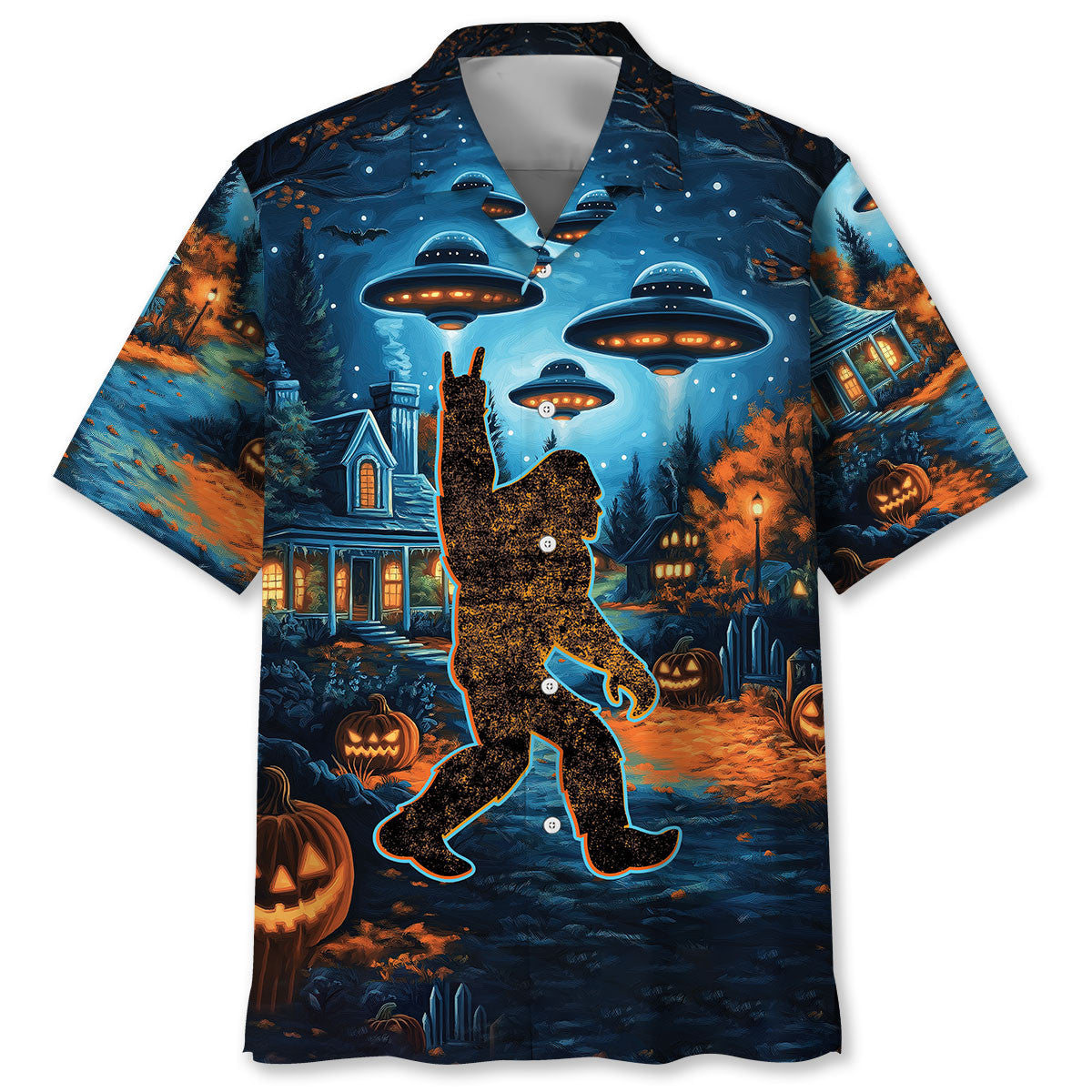 Bigfoot Chill the Halloween Night Hawaiian Shirt Front view of the Bigfoot Chill the Halloween Night Hawaiian shirt featuring vibrant colors and spooky designs.