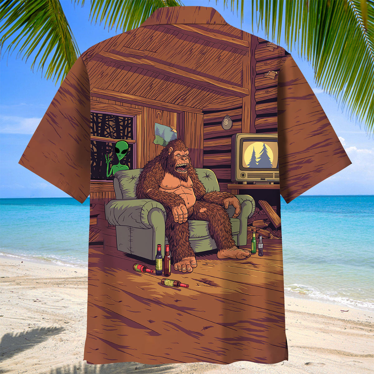 Alien Bigfoot House Hawaiian Shirt Lifestyle shot of a person wearing the Alien Stalk Bigfoot House Hawaiian shirt at a beach party, celebrating in style.
