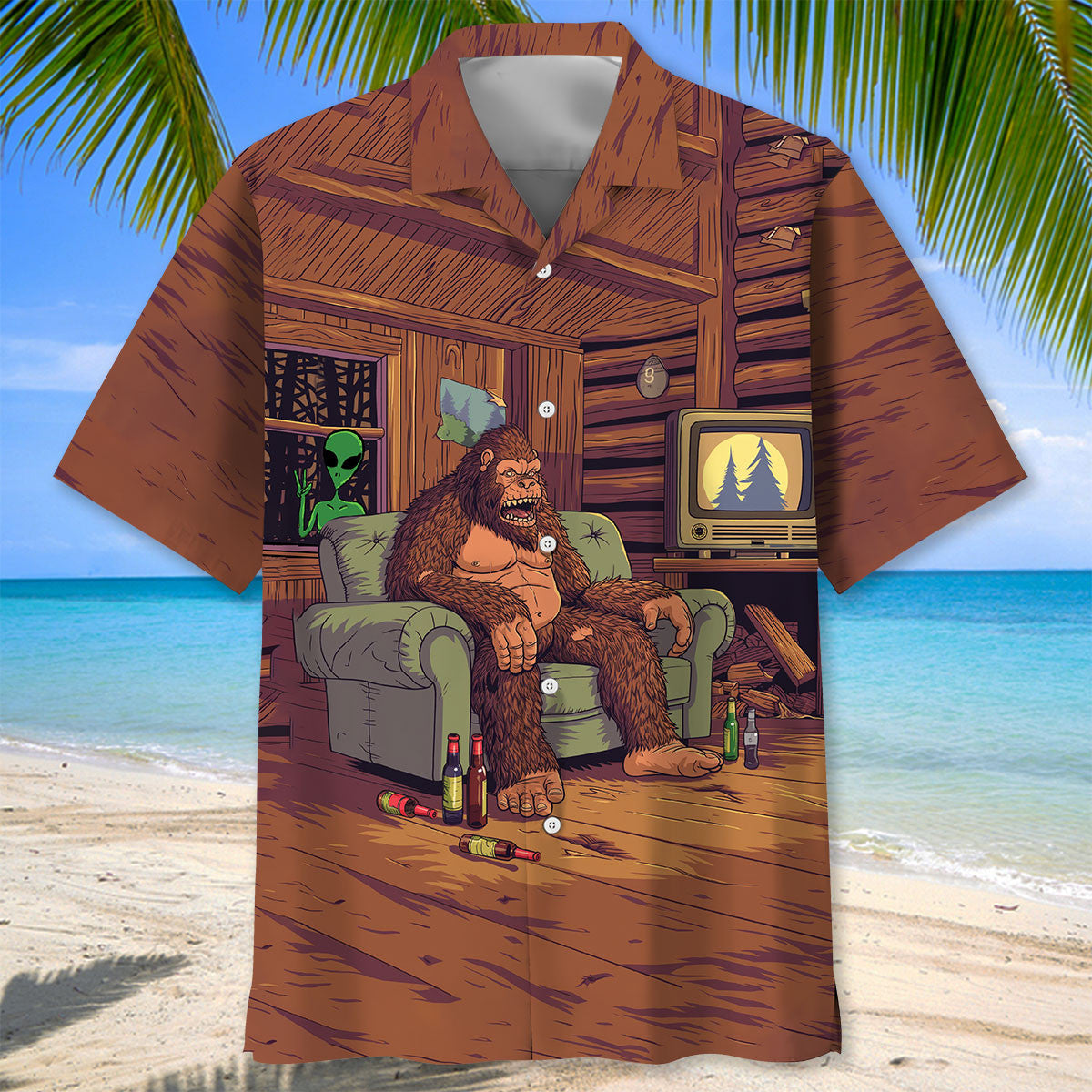 Alien Bigfoot House Hawaiian Shirt Back view of Alien Stalk Bigfoot House Hawaiian shirt showcasing vibrant artwork and playful alien motifs.
