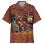 Front view of Alien Stalk Bigfoot House Hawaiian shirt featuring a colorful Bigfoot design and brown background.