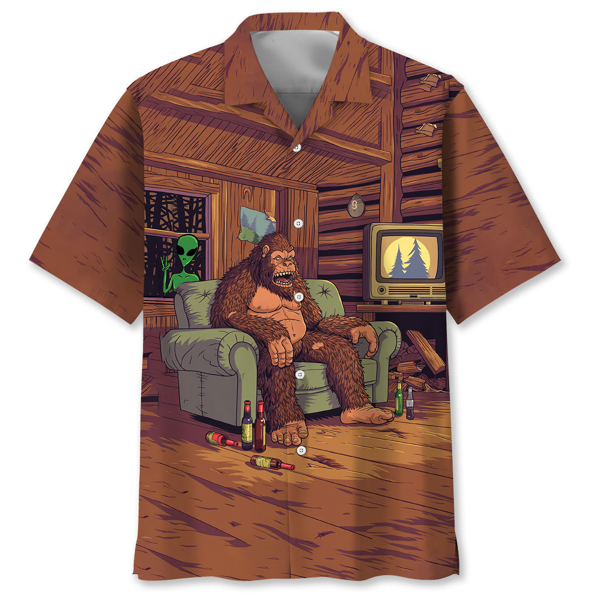 Alien Bigfoot House Hawaiian Shirt Front view of Alien Stalk Bigfoot House Hawaiian shirt featuring a colorful Bigfoot design and brown background.