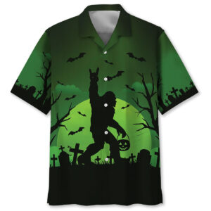 Front view of the bigfoot halloween night green hawaiian shirt featuring a spooky design with bats and tombstones.