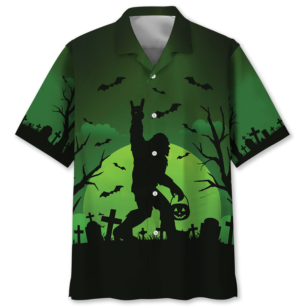 Bigfoot Halloween Night Green Hawaiian Shirt Front view of the bigfoot halloween night green hawaiian shirt featuring a spooky design with bats and tombstones.