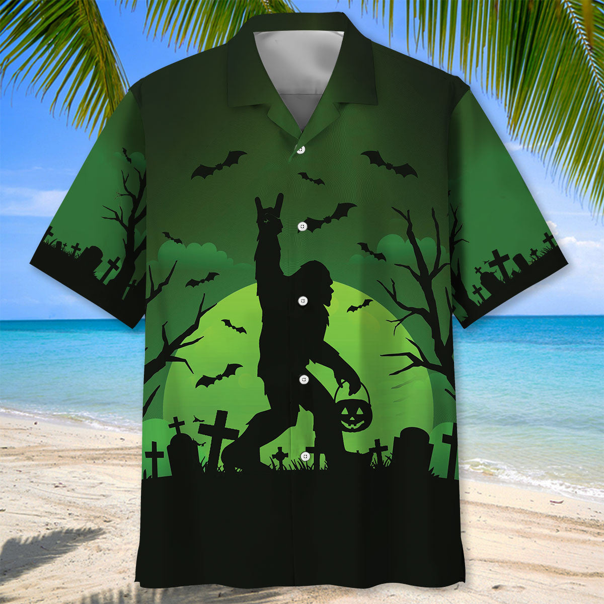 Bigfoot Halloween Night Green Hawaiian Shirt Back view of the bigfoot halloween night green hawaiian shirt showcasing the eerie green color and silhouette art.