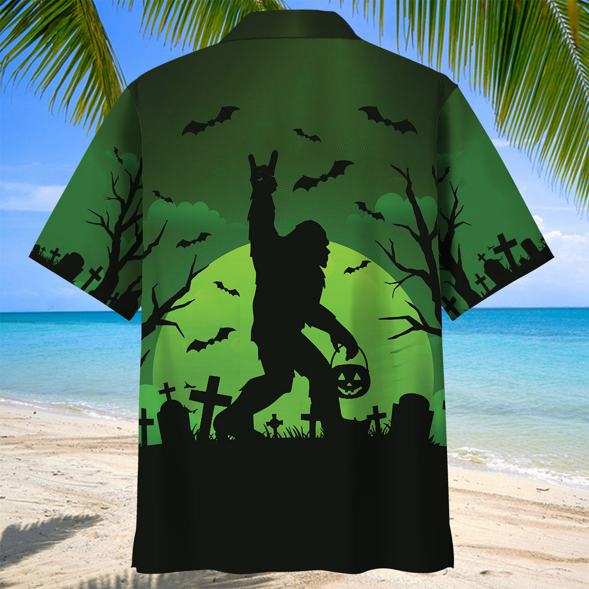 Bigfoot Halloween Night Green Hawaiian Shirt Close-up detail of the bigfoot halloween night green hawaiian shirt's fabric showing vibrant colors and spooky graphics.