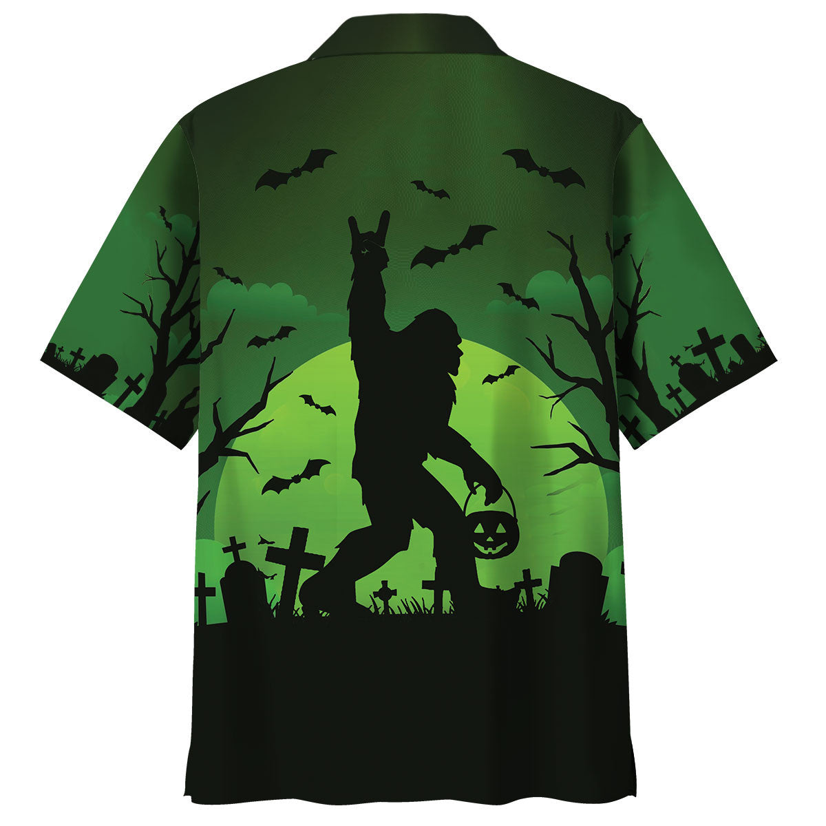 Bigfoot Halloween Night Green Hawaiian Shirt Lifestyle shot of the bigfoot halloween night green hawaiian shirt worn at a Halloween party, surrounded by festive decoratio