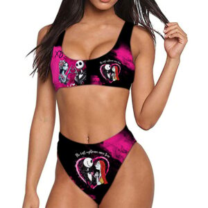 Women's Classic Bikini in pink with Jack & Sally design; the best nightmare come true bikini, front view.
