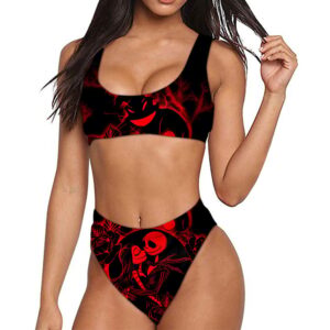 Front view of the red jack and sally gothic print bikini showcasing vibrant colors and intricate design details.