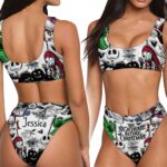 Front view of the women's classic bikini featuring personalized nightmare gothic print with vibrant colors and playful design